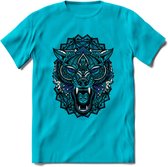 Wolf - Dieren Mandala T-Shirt | Donkerblauw | Grappig Verjaardag Zentangle Dierenkop Cadeau Shirt | Dames - Heren - Unisex | Wildlife Tshirt Kleding Kado | - Blauw - M