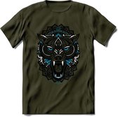 Wolf - Dieren Mandala T-Shirt | Blauw | Grappig Verjaardag Zentangle Dierenkop Cadeau Shirt | Dames - Heren - Unisex | Wildlife Tshirt Kleding Kado | - Leger Groen - L