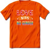 Love Has No Gnder | Pride T-Shirt | Grappig LHBTIQ+ / LGBTQ / Gay / Homo / Lesbi Cadeau Shirt | Dames - Heren - Unisex | Tshirt Kleding Kado | - Oranje - 3XL
