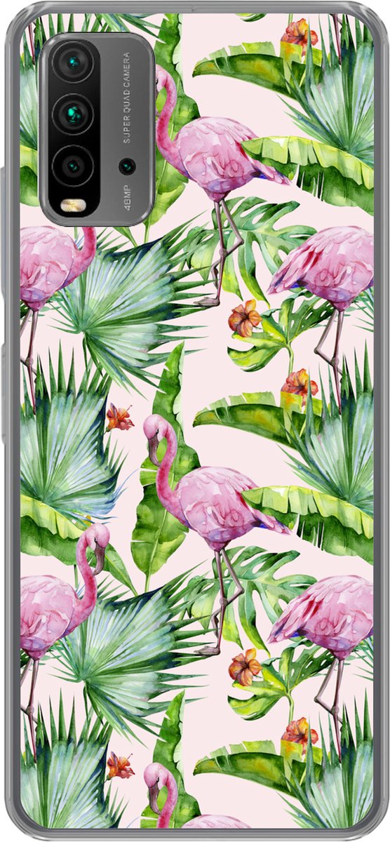 Telefoonhoesje Geschikt voor Xiaomi Geschikt voor Redmi 9T hoesje - Flamingo - Planten - Patronen - Siliconen Telefoonhoesje Telefoonhoesje