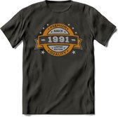 Premium Since 1991 T-Shirt | Zilver - Goud | Grappig Verjaardag en Feest Cadeau Shirt | Dames - Heren - Unisex | Tshirt Kleding Kado | - Donker Grijs - S