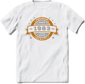 Premium Since 1983 T-Shirt | Zilver - Goud | Grappig Verjaardag en Feest Cadeau Shirt | Dames - Heren - Unisex | Tshirt Kleding Kado | - Wit - XXL