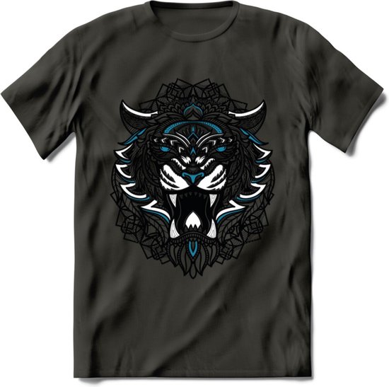Tijger - Dieren Mandala T-Shirt | Blauw | Grappig Verjaardag Zentangle Dierenkop Cadeau Shirt | Dames - Heren - Unisex | Wildlife Tshirt Kleding Kado | - Donker Grijs - L