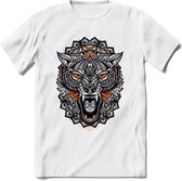 Wolf - Dieren Mandala T-Shirt | Oranje | Grappig Verjaardag Zentangle Dierenkop Cadeau Shirt | Dames - Heren - Unisex | Wildlife Tshirt Kleding Kado | - Wit - S