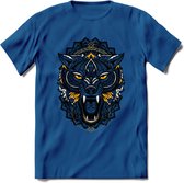 Wolf - Dieren Mandala T-Shirt | Geel | Grappig Verjaardag Zentangle Dierenkop Cadeau Shirt | Dames - Heren - Unisex | Wildlife Tshirt Kleding Kado | - Donker Blauw - XL