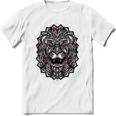 Leeuw - Dieren Mandala T-Shirt | Rood | Grappig Verjaardag Zentangle Dierenkop Cadeau Shirt | Dames - Heren - Unisex | Wildlife Tshirt Kleding Kado | - Wit - S