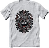 Leeuw - Dieren Mandala T-Shirt | Rood | Grappig Verjaardag Zentangle Dierenkop Cadeau Shirt | Dames - Heren - Unisex | Wildlife Tshirt Kleding Kado | - Licht Grijs - Gemaleerd - 3X