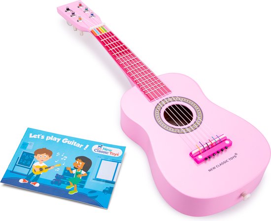 New Classic Toys Houten Speelgoed Gitaar met Draagriem - Roze - Inclusief Muziekboekje