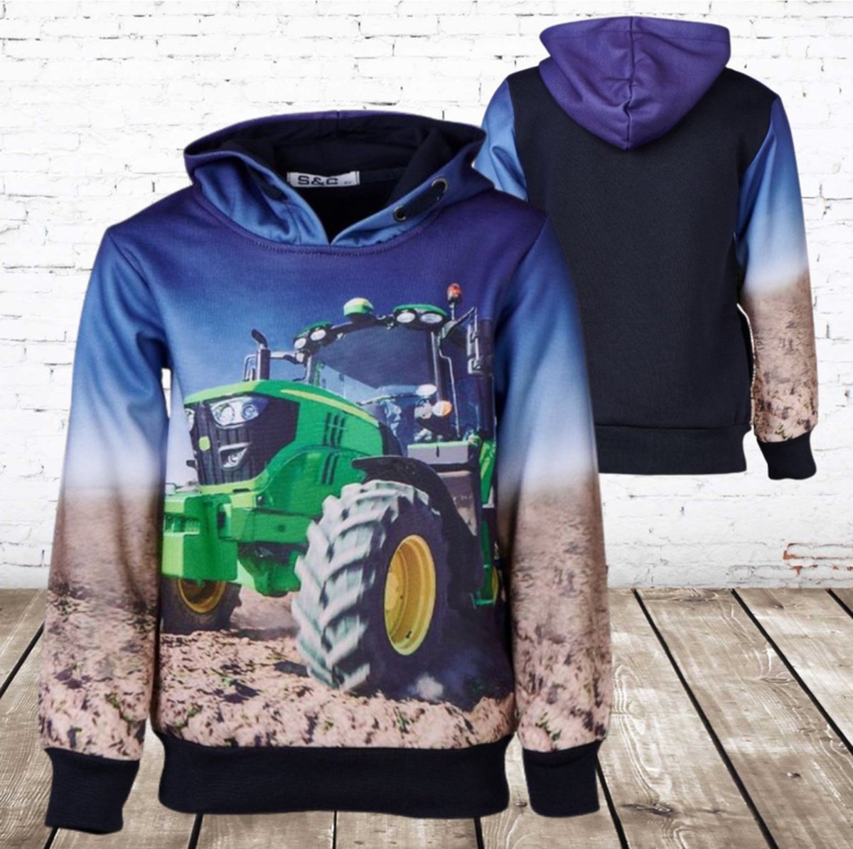 Hoodie met groene Trekker h128A - Blauw - 86/92