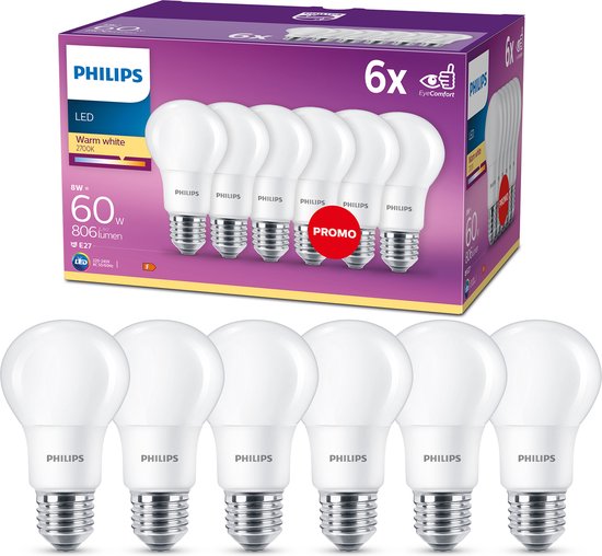 Philips energiezuinige LED Lamp Mat - 60 W - E27 - warmwit licht - 6 stuks  - Bespaar... | bol.com