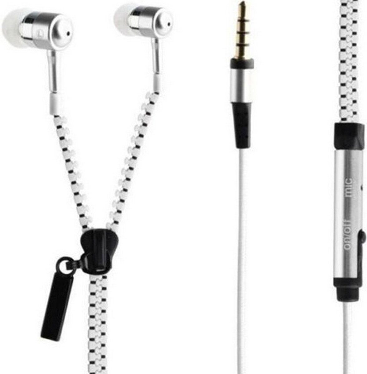 Koptelefoon met ritssluiting - Basmonitor - Metalen in ear Hoofdtelefoons met microfoon voor MP3, mobiele telefoons en pc - Wit