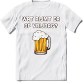 Wat Rijmt Er Op Vrijdag? T-Shirt | Bier Kleding | Feest | Drank | Grappig Verjaardag Cadeau | - Wit - XXL