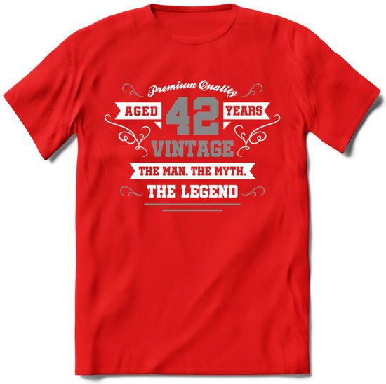 42 Jaar Legend T-Shirt | Zilver - Wit | Grappig Verjaardag en Feest Cadeau | Dames - Heren - Unisex | Kleding Kado | - Rood - XL