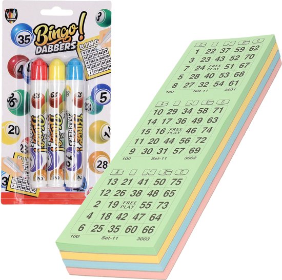 Thumbnail van een extra afbeelding van het spel 100x Bingokaarten nummers 1-75 inclusief 3x bingostiften blauw/geel/rood