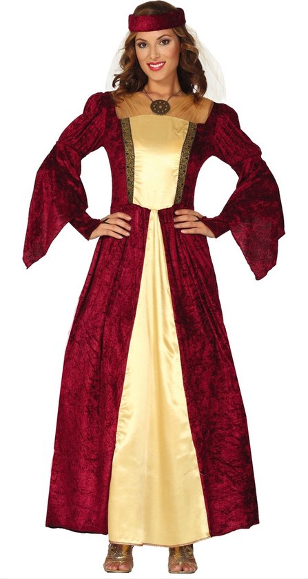 Guirca - Middeleeuwen & Renaissance Kostuum - Bekoorlijke Hofdame Slot Zuylen - Vrouw - Rood - Maat 42-44 - Carnavalskleding - Verkleedkleding