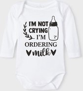 Baby Rompertje met tekst 'I'm not crying, i'm ordening milk' | Lange mouw l | wit zwart | maat 62/68 | cadeau | Kraamcadeau | Kraamkado