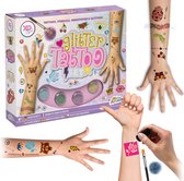 Set de tatouage Grafix Mega Glitter | Tatouages De Glitter | 4 couleurs | Avec colle et pinceau | 42 modèles | Tatouages bâton pour les Enfants