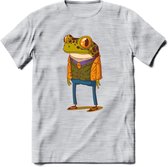 Casual kikker T-Shirt Grappig | Dieren reptiel Kleding Kado Heren / Dames | Animal Skateboard Cadeau shirt - Licht Grijs - Gemaleerd - L