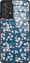 Samsung A52 hoesje glass - Bloemen blauw | Samsung Galaxy A52 5G case | Hardcase backcover zwart