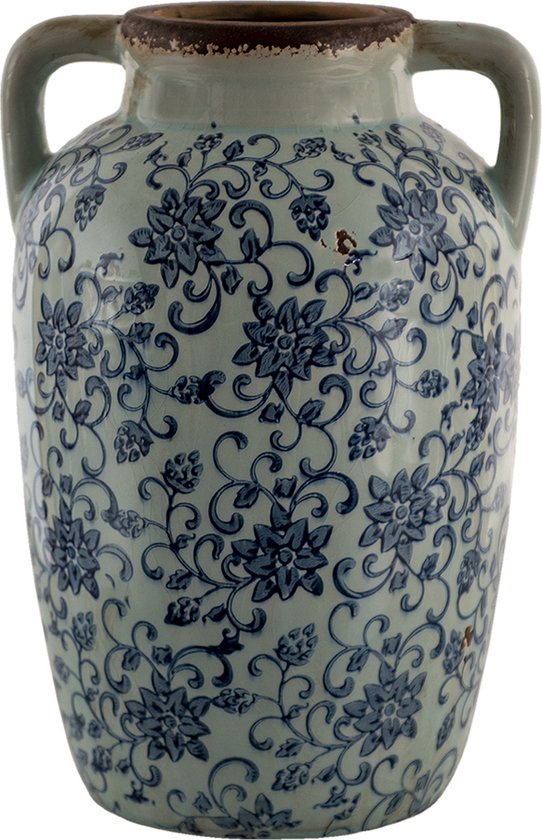 Clayre & Eef Vaas 19x18x29 cm Blauw Groen Keramiek Rond Bloemen Decoratie Vaas