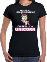 Human costume really unicorn verkleed t-shirt / outfit zwart voor dames - Eenhoorn carnaval / feest shirt kleding / kostuum S