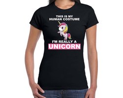 Human costume really unicorn verkleed t-shirt / outfit zwart voor dames - Eenhoorn carnaval / feest shirt kleding / kostuum S