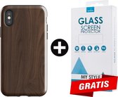 Backcover Hout Design Hoesje iPhone XS Donkerbruin - Gratis Screen Protector - Telefoonhoesje - Smartphonehoesje