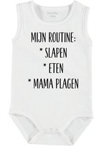 Baby Rompertje met tekst 'Mijn routine : slapen, eten, mama plagen' | mouwloos l | wit zwart | maat 50/56 | cadeau | Kraamcadeau | Kraamkado