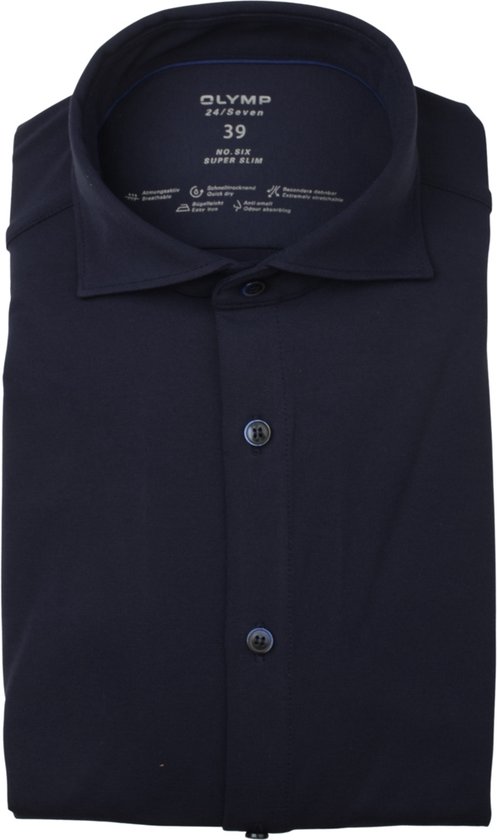 OLYMP No. 6 super slim fit overhemd 24/7 - marine blauw tricot - Strijkvriendelijk - Boordmaat: 39