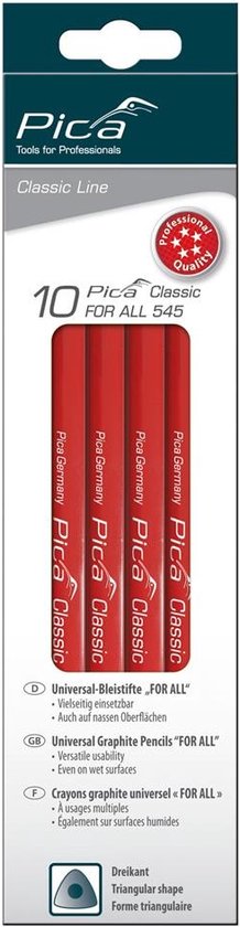 Verpakking met 4 rode Pica Classic For All 545 potloden. Tekst op verpakking: '10 Pica Classic FOR ALL 545'. Driehoekige vorm icoon.
