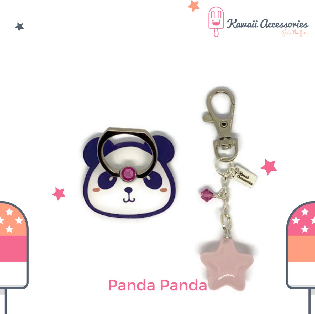 Kawaii Accessories by Kuroji - Panda Panda - Telefoonring met hanger - Swarovski elements - Kawaii style