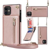 Geschikt Voor iPhone 12/12 Pro Hoesje Met Koord - Solidenz Portemonnee Hoes - Telefoonhoesje Met Koord - Wallet Case - Cover Hoes Met Koordje - Backcover Met Koord - Rosegoud