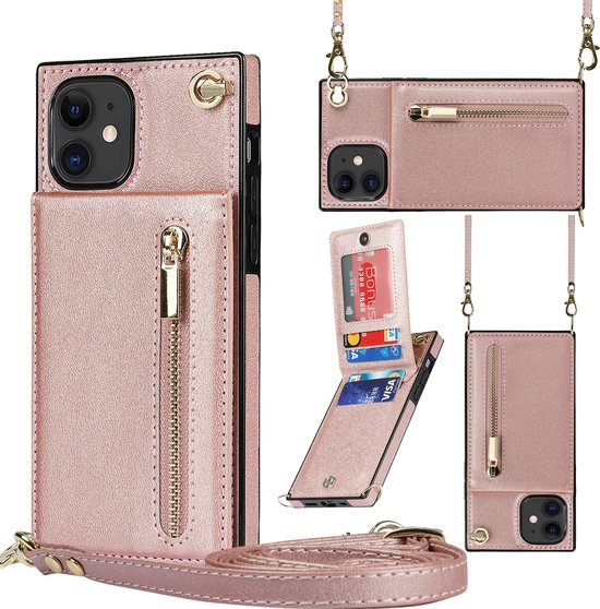Geschikt Voor iPhone 12/12 Pro Hoesje Met Koord - Solidenz Portemonnee Hoes - Telefoonhoesje Met Koord - Wallet Case - Cover Hoes Met Koordje - Backcover Met Koord - Rosegoud