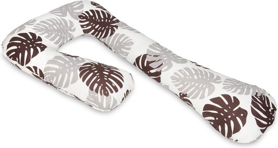 Zijslaapkussen - 235 cm - 100% katoen - wit met bruin grijze bladeren