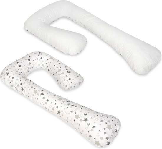 Voedingskussen - Zijslaapkussen - 235 cm - 100% katoen - wit met grijze sterren
