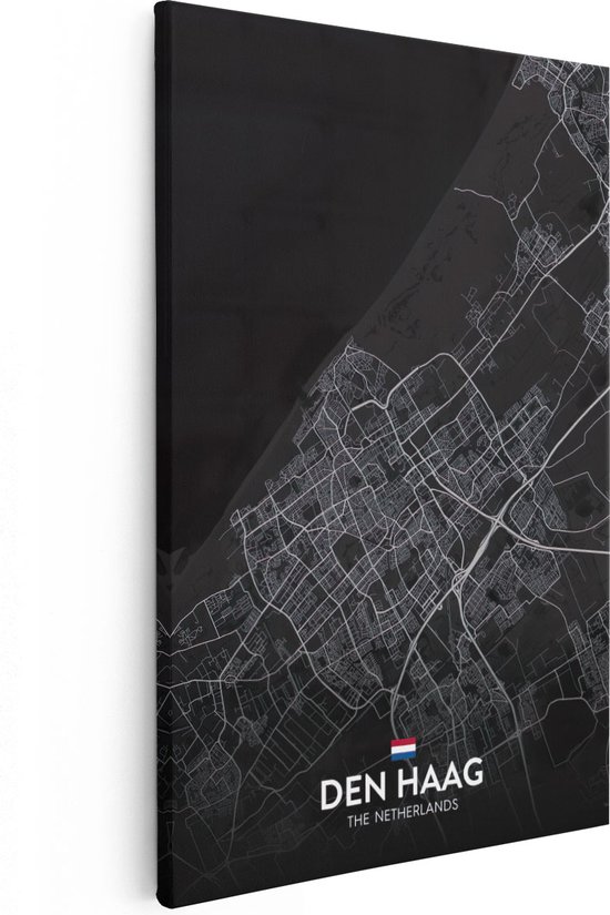Artaza Canvas Schilderij Stadskaart Den Haag in het Zwart - 80x120 - Groot - Muurdecoratie - Canvas Print