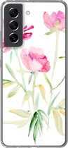 Geschikt voor Samsung Galaxy S21 FE hoesje - Bloemen - Waterverf - Roze - Siliconen Telefoonhoesje