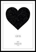Je eigen gepersonaliseerde Star Map Heart Zwart Wit (sterrenposter hart) B2