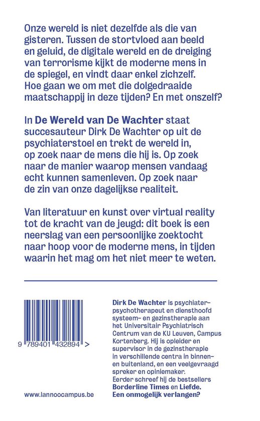 Achterkant van het boek "De wereld van De Wachter" met tekst en eenbarcode. Auteur Dirk De Wachter is psychiater en psychotherapeut.