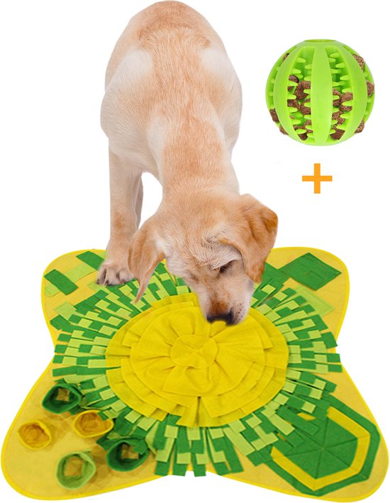 Pet Patrol® Snuffelmat 70x70cm Inclusief Rubberen Massage Bal & E-book - Speelmat Hond - Denkspel hond - Honden Speelgoed - Anti Schrok Mat - Voedingsbal - Honden Snoepjes