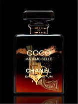 Glasschilderij - Coco Chanel Parfum met Wapen - 60 x 80 x 0,4 cm