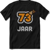 73 Jaar Feest T-Shirt | Goud - Zilver | Grappig Verjaardag Cadeau Shirt | Dames - Heren - Unisex | Tshirt Kleding Kado | - Zwart - M