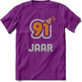 91 Jaar Feest T-Shirt | Goud - Zilver | Grappig Verjaardag Cadeau Shirt | Dames - Heren - Unisex | Tshirt Kleding Kado | - Paars - M