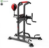 MoreLife – Pull-up Station – Fitness Station met Boksbal – Krachttraining – Krachttoren – Antislip Armsteun – Dip Station – Hoge stabiliteit – Optimale Ondersteuning – Elleboog Paddings - Box