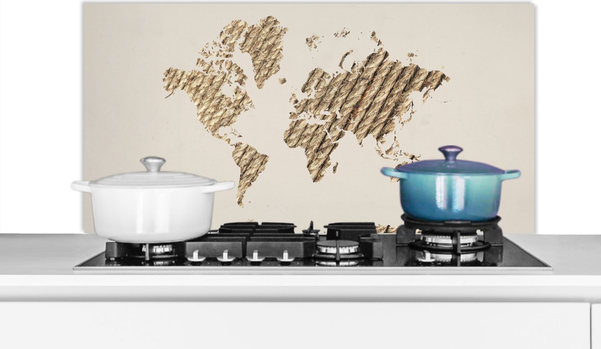 Spatscherm keuken 100x50 cm - Kookplaat achterwand Wereldkaart - Jute touw - Design - Muurbeschermer - Spatwand fornuis - Hoogwaardig aluminium