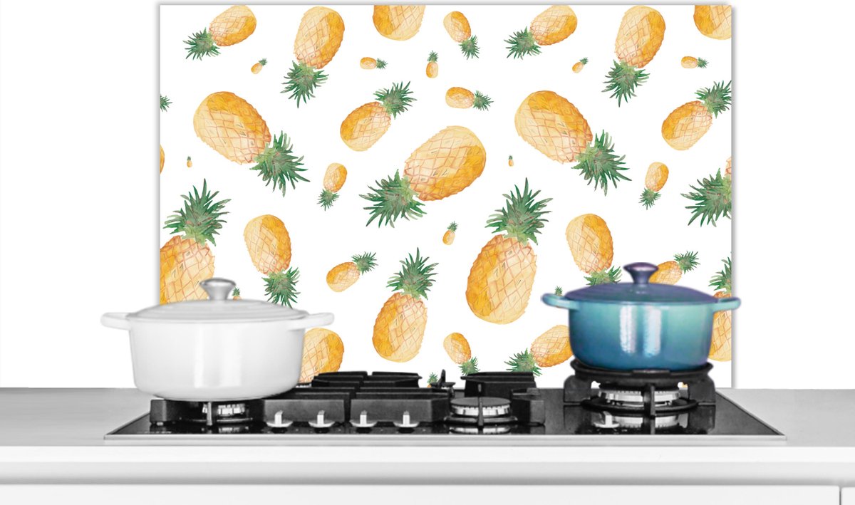 KitchenYeah Spatscherm keuken 90x60 cm Kookplaat achterwand Ananassen Fruit Wit Muurbeschermer Spatwand fornuis Hoogwaardig aluminium