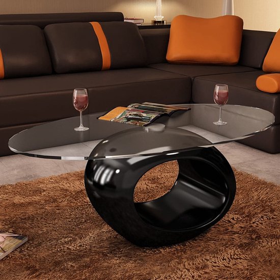 Decoways - Table basse avec plateau ovale en verre noir brillant | bol