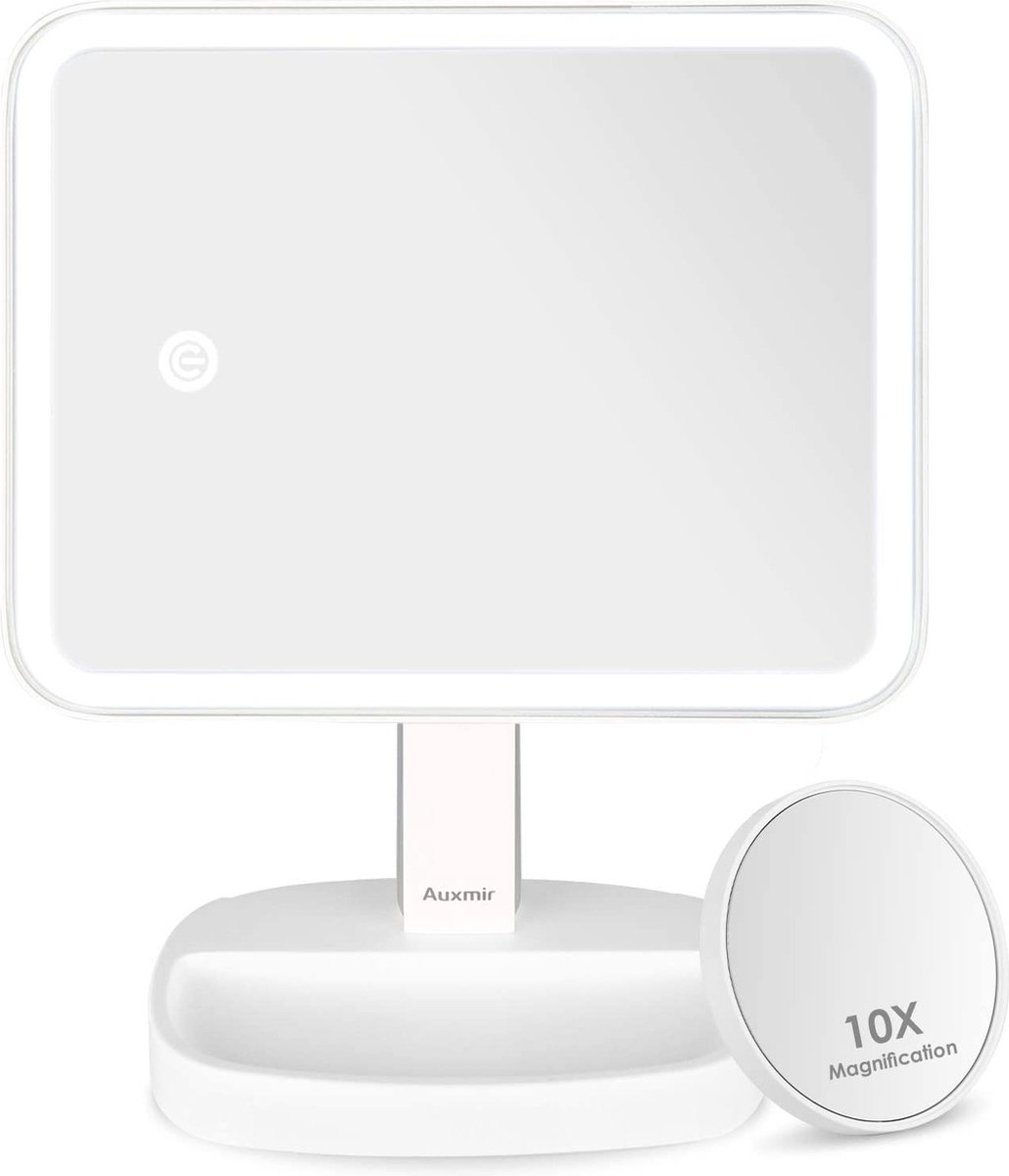 Auxmir Cosmetische Spiegel met LED-verlichting, 30X/1X Make-up Spiegel, handspiegel met 3 instelbare lichtkleuren, inklapbare tafelspiegel met ophanggat, oplaadbaar en extra draagbaar