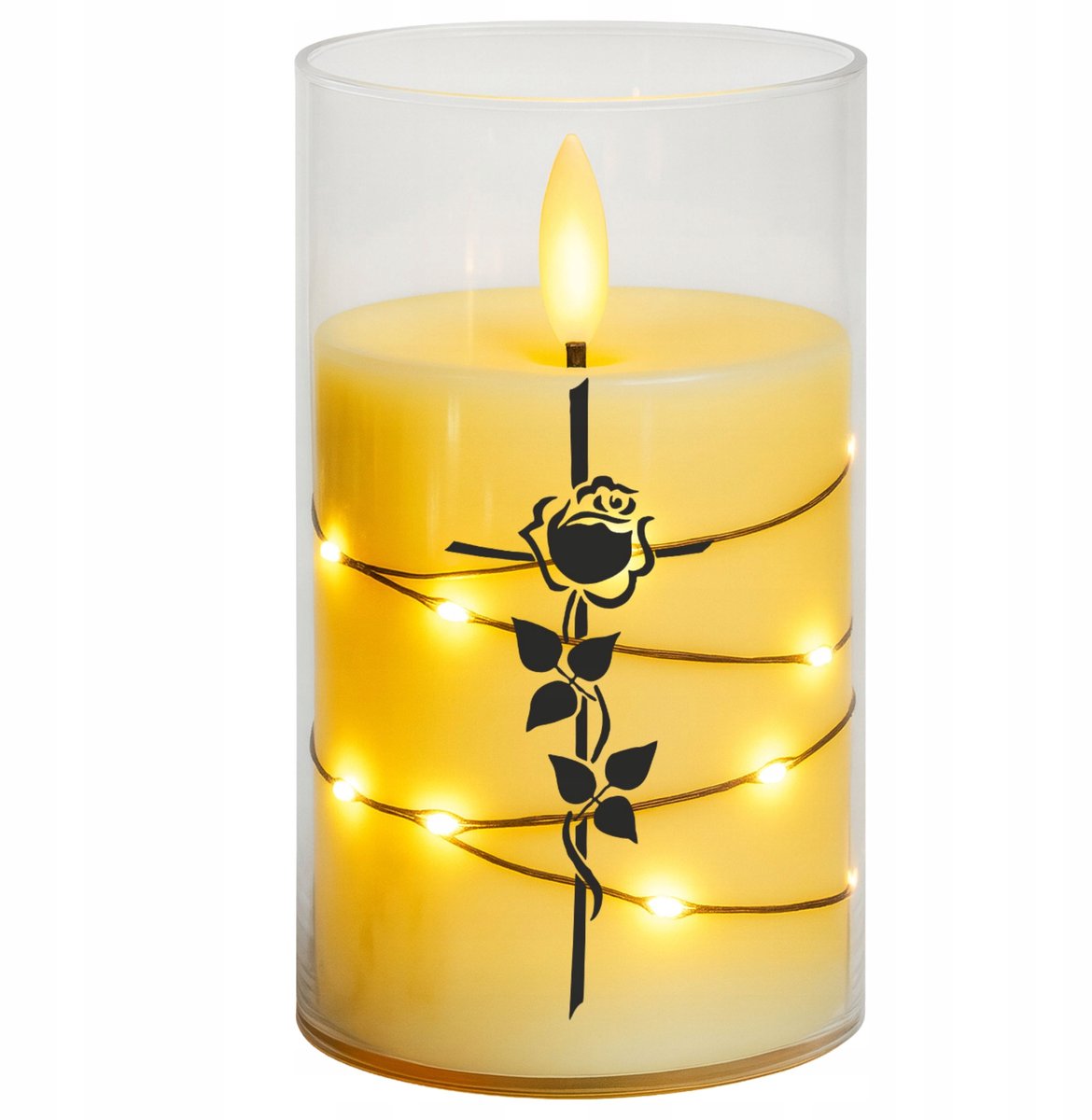 LED-kaars met kruis en roos - realistische vlam, warm licht