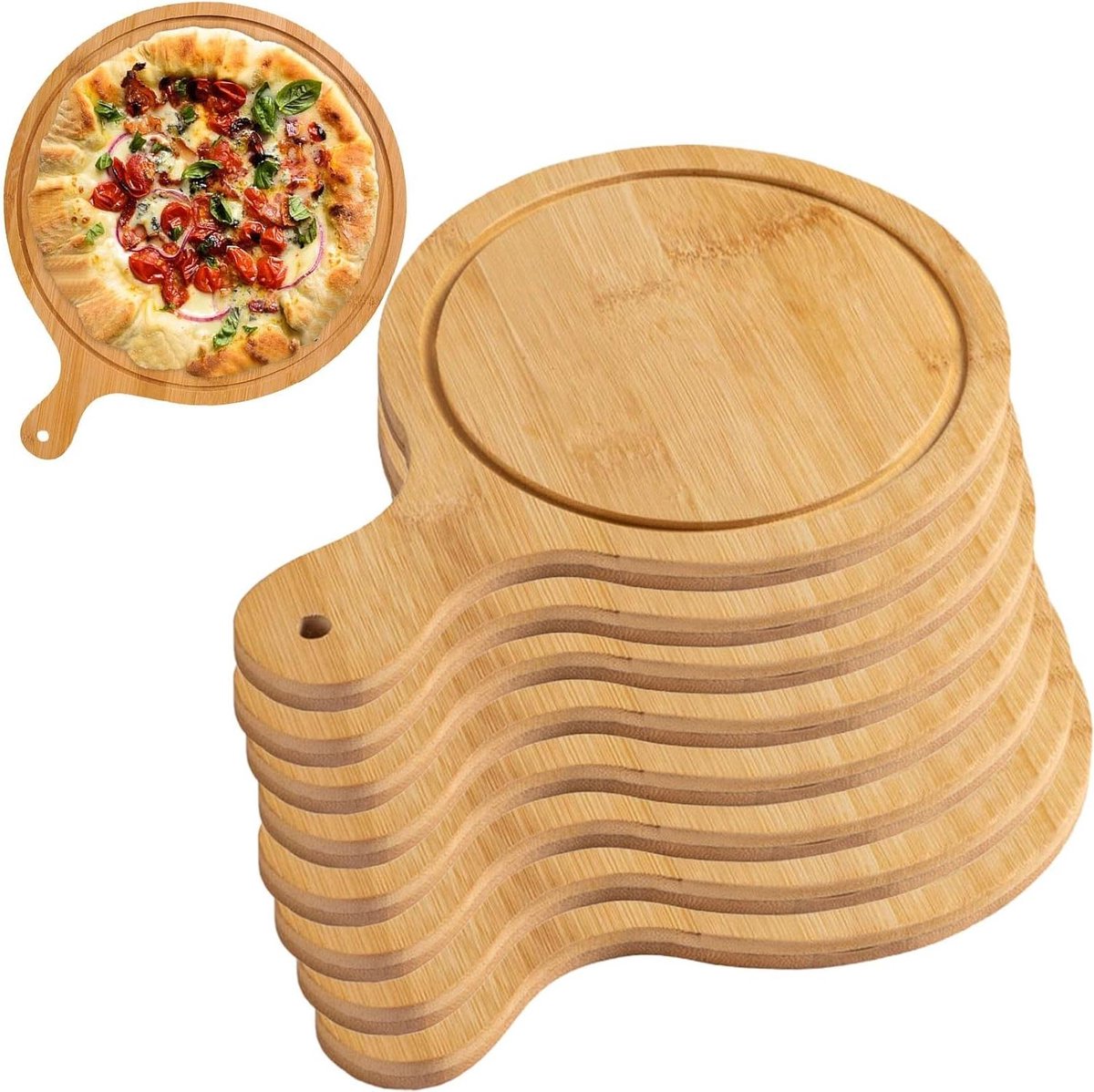 Pizza Serveerplanken - Houten Planken - Feestelijk Dienen - Set van Acht - 8 Stuks - Natuurlijk Bamboe